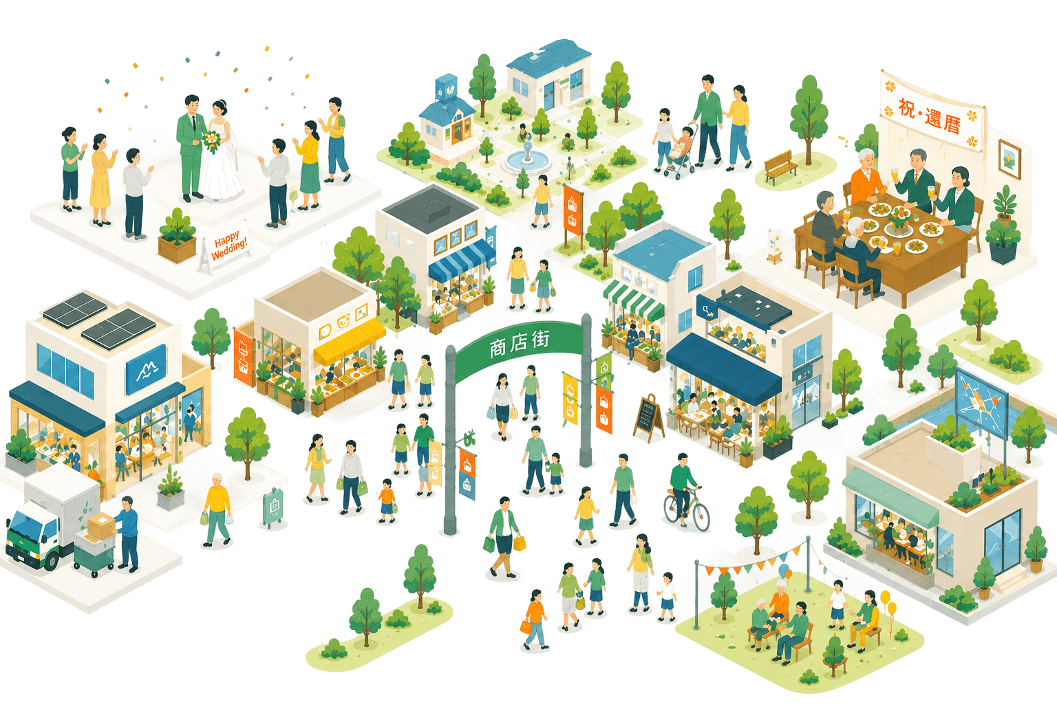 地域に笑顔とにぎわいをもたらす街のイラスト